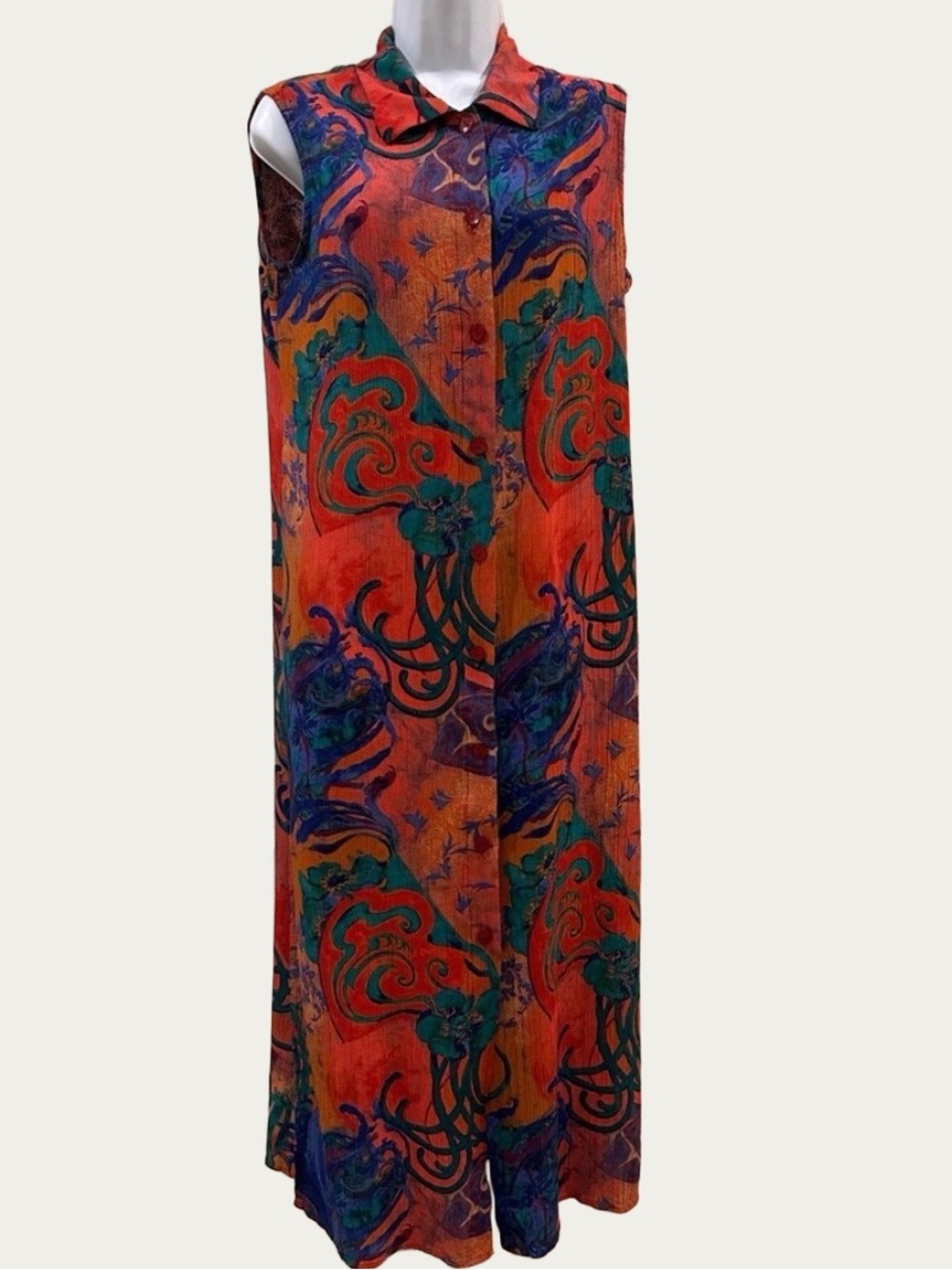 Dress or Duster Sleeveless Collared Abstract Hawaiian Print Size Large